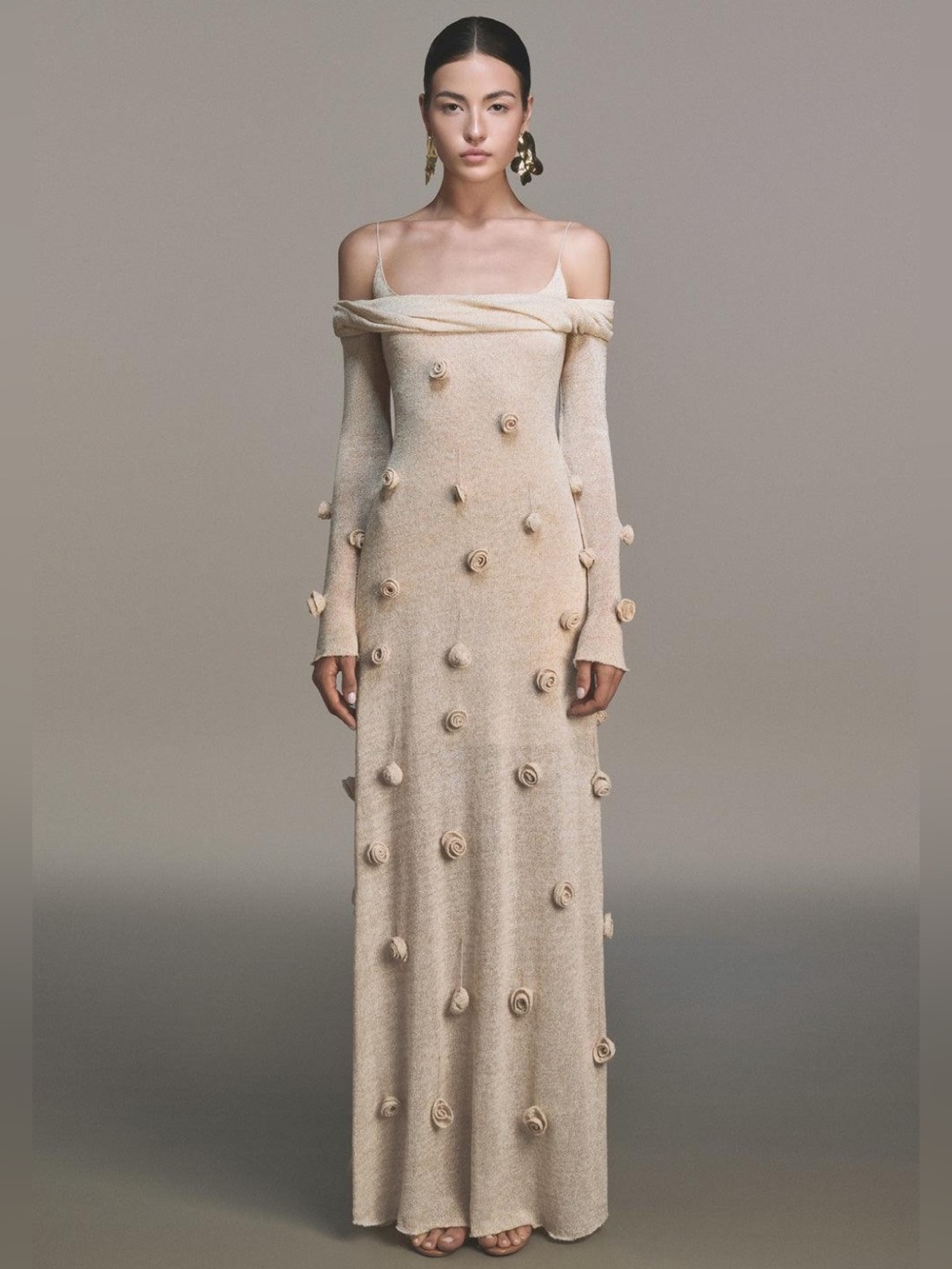 Montsand Beige Off-shoulder Floral Dress